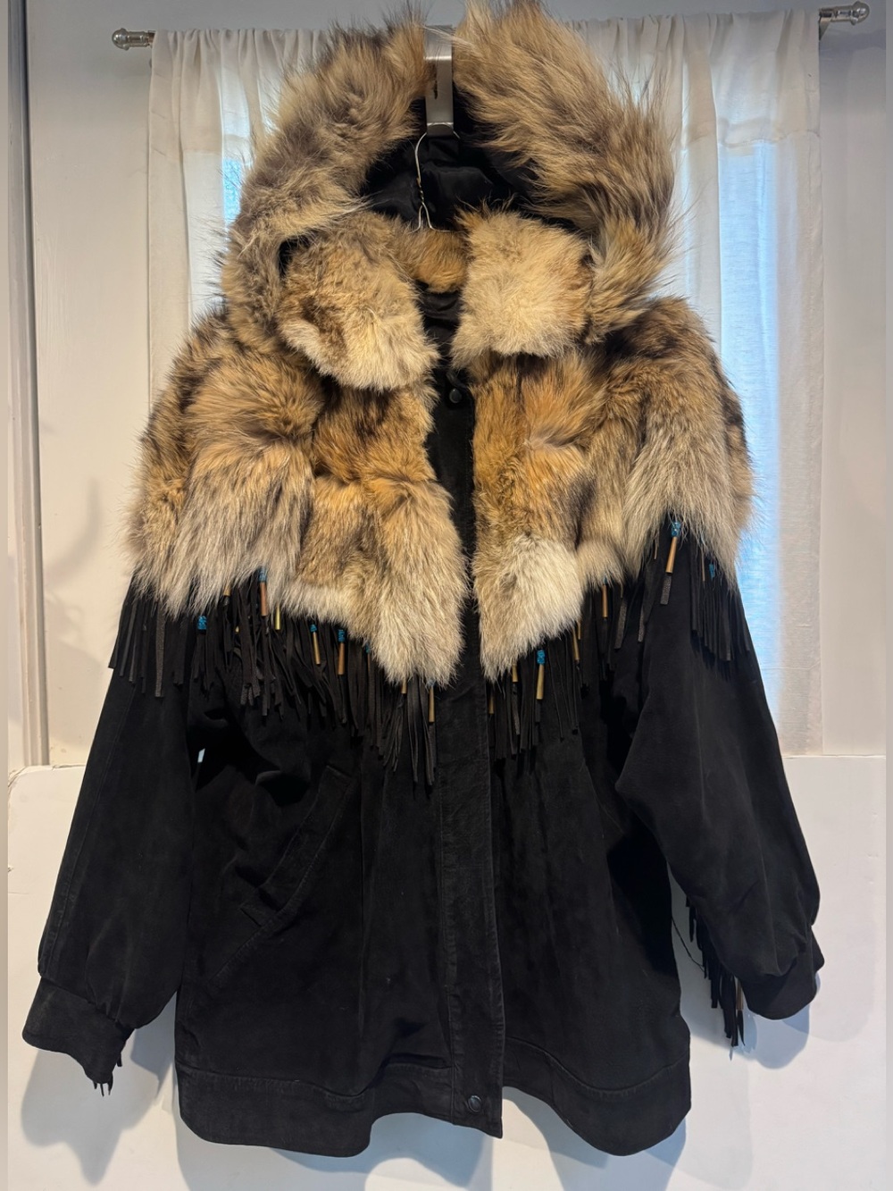 Black Suede with Natural Coyote Fur coat excellent condition. Removable hood